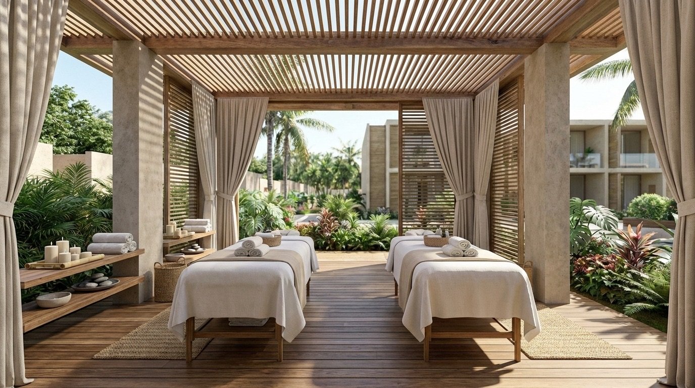 Cabinas de masaje abiertas al jardín en Ocean Wellness