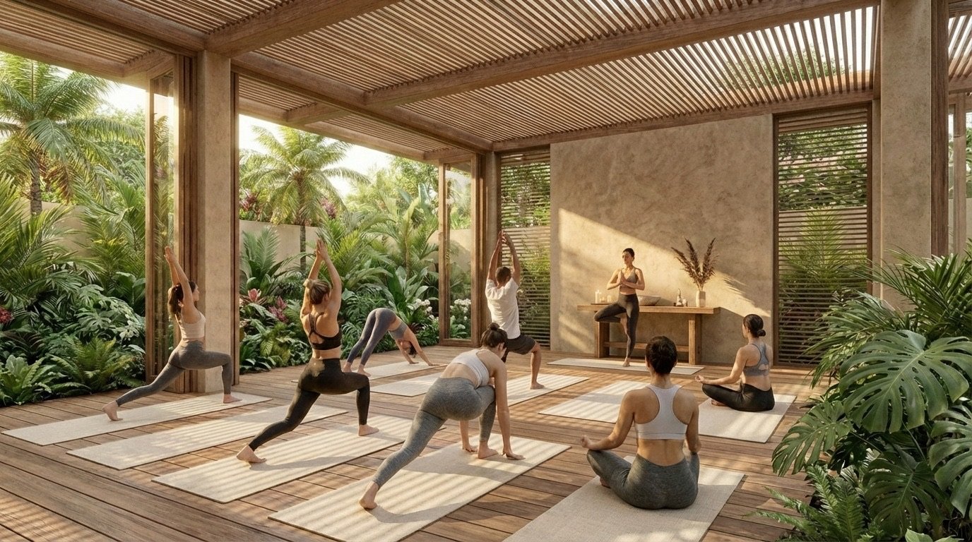 Salón de yoga rodeado de vegetación en Ocean Wellness